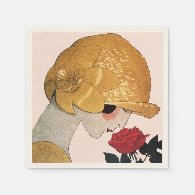 Serviette Jetable DAME AVEC ROSE ROUGE, Rose (Devant)