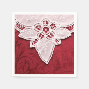 Serviette Jetable Dentelle blanche sur tissu rouge