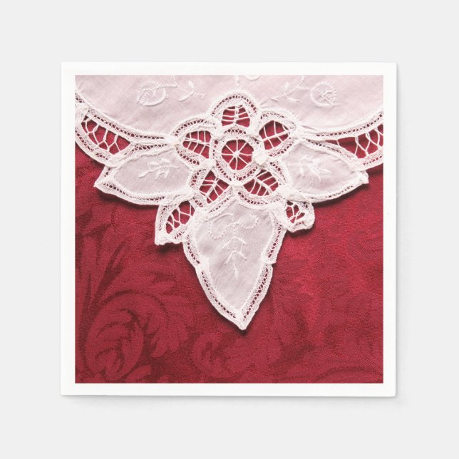 Serviette Jetable Dentelle blanche sur tissu rouge (Devant)