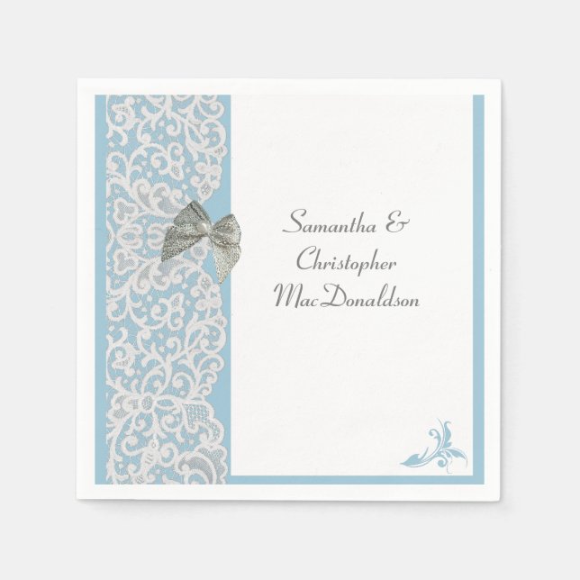 Serviette Jetable Dentelle bleue pastel et blanche mariage tradition (Devant)
