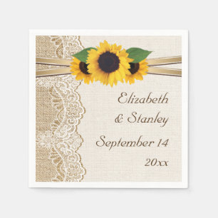 Serviette Jetable Dentelle et tournesols sur toile de jute pour mari