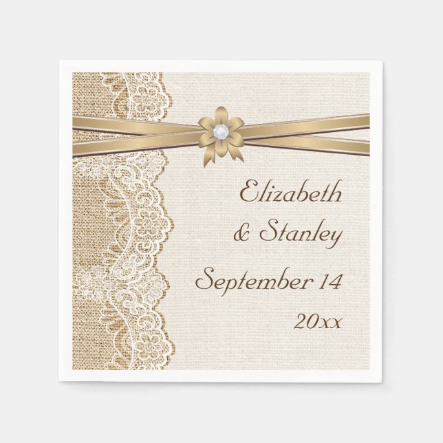 Serviette Jetable Dentelle, fleur de ruban et mariage de burlap (Devant)