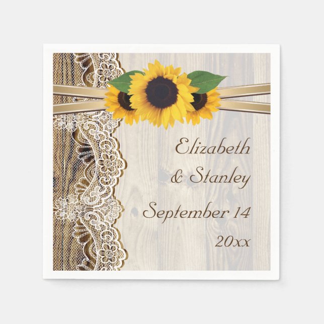 Serviette Jetable Dentelles et tournesols sur mariage de bois (Devant)