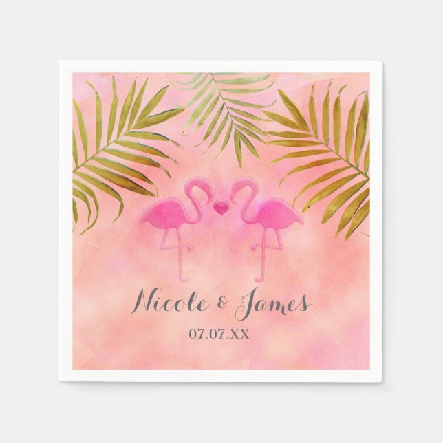 Serviette Jetable Deux Flamants roses roses Aquarelle Plage Mariage  (Devant)