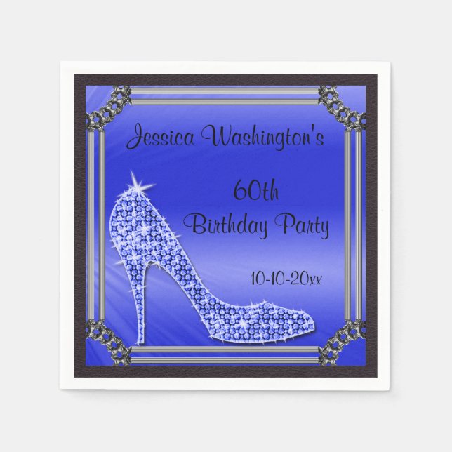 Serviette Jetable Elégant Argent encadré Stiletto bleu 60e anniversa (Devant)