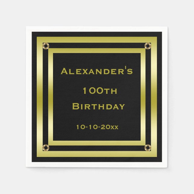 Serviette Jetable Elégant Black & Gold encadré homme 100e anniversai (Devant)