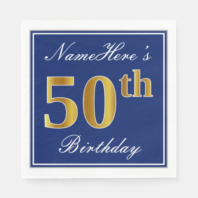Serviette Jetable Elégant bleu, Faux Gold 50e anniversaire; Nom pers (Devant)