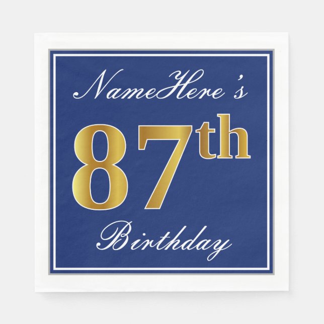 Serviette Jetable Elégant bleu, Faux Gold 87e anniversaire; Nom pers (Devant)