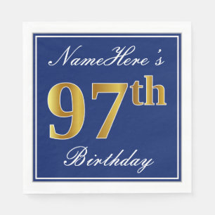 Serviette Jetable Elégant bleu, Faux Gold 97e anniversaire; Nom pers