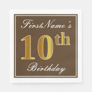 Serviette Jetable Elégant Brown, Faux Gold 10e anniversaire + Nom