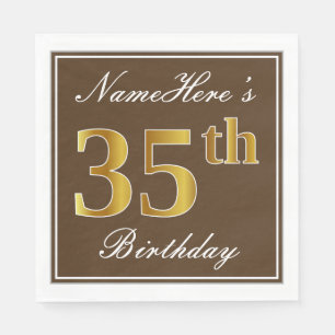 Serviette Jetable Elégant Brown, Faux Gold 35ème anniversaire + Nom