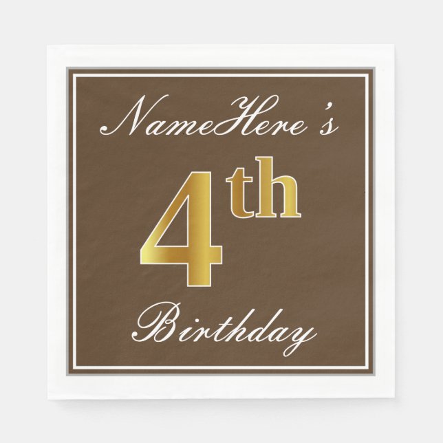 Serviette Jetable Elégant Brown, Faux Gold 4e anniversaire; Nom pers (Devant)