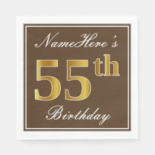 Serviette Jetable Élégant Brown, Faux Gold 55e anniversaire + Nom