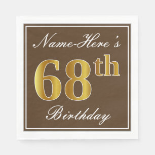 Serviette Jetable Elégant Brown, Faux Gold 68ème anniversaire + Nom