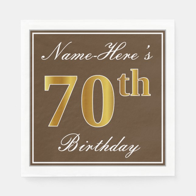 Serviette Jetable Elégant Brown, Faux Gold 70e Anniversaire + Nom (Devant)