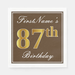 Serviette Jetable Elégant Brown, Faux Gold 87ème anniversaire + Nom