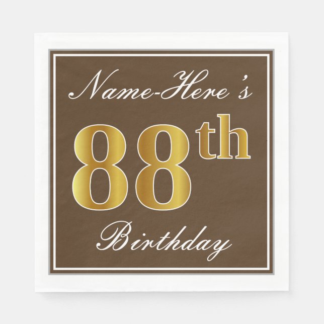 Serviette Jetable Elégant Brown, Faux Gold 88ème anniversaire + Nom (Devant)