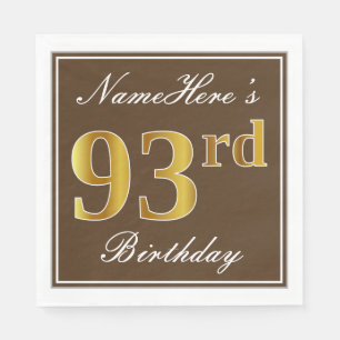 Serviette Jetable Elégant Brown, Faux Gold 93ème anniversaire + Nom