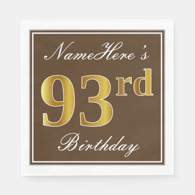 Serviette Jetable Elégant Brown, Faux Gold 93ème anniversaire + Nom (Devant)