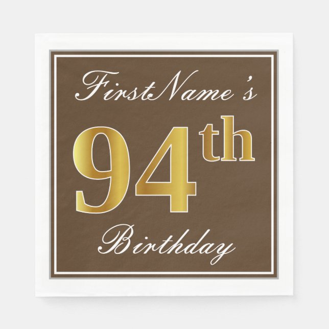 Serviette Jetable Elégant Brown, Faux Gold 94ème anniversaire + Nom (Devant)