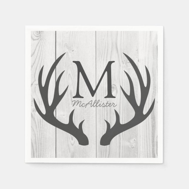 Serviette Jetable Elégant Cerf gris rustique Antlers Blanc Faux Bois (Devant)