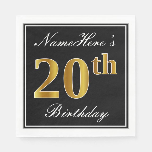Serviette Jetable Elégant, Faux Gold 20e anniversaire + Nom personna (Devant)