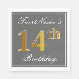 Serviette Jetable Elégant Grey, Faux Gold 14e anniversaire; Nom pers