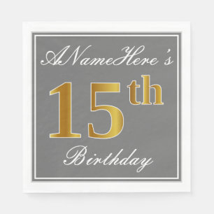 Serviette Jetable Elégant Grey, Faux Gold 15e anniversaire; Nom pers