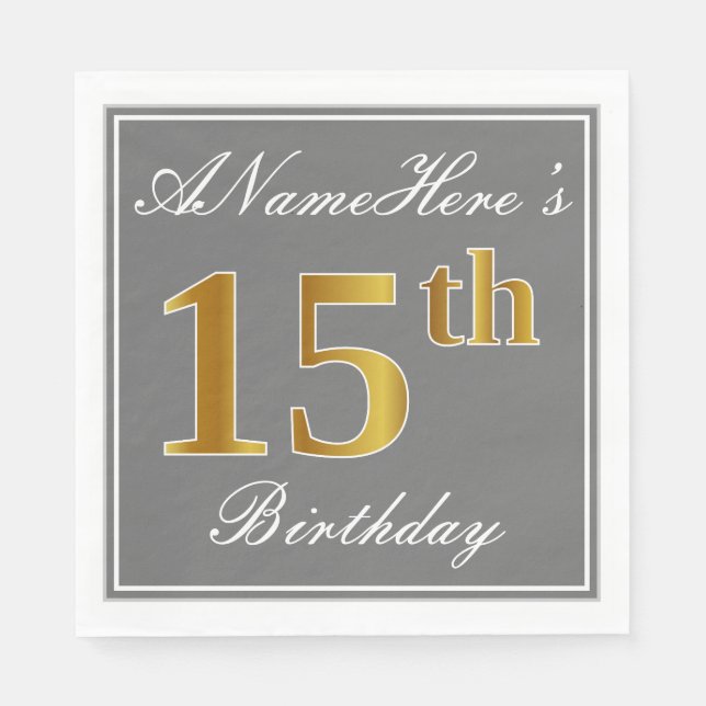 Serviette Jetable Elégant Grey, Faux Gold 15e anniversaire; Nom pers (Devant)