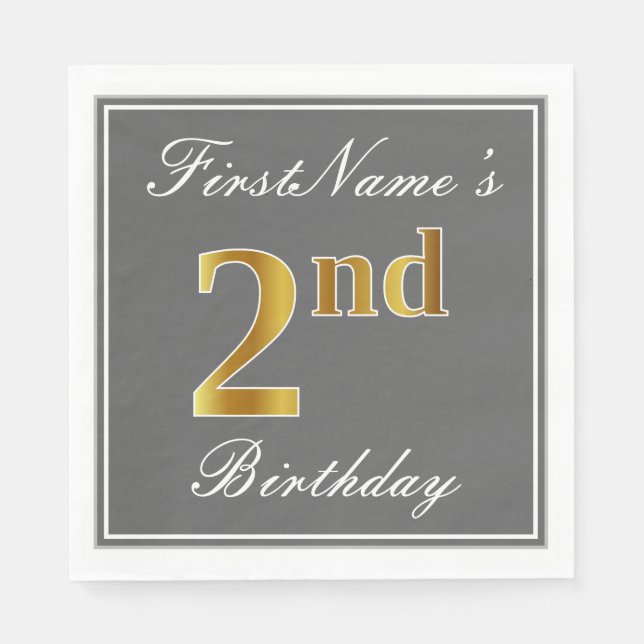 Serviette Jetable Elegant Grey, Faux Gold 2e anniversaire + Nom pers (Devant)