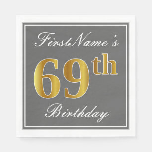 Serviette Jetable Elégant Grey, Faux Gold 69e anniversaire; Nom pers