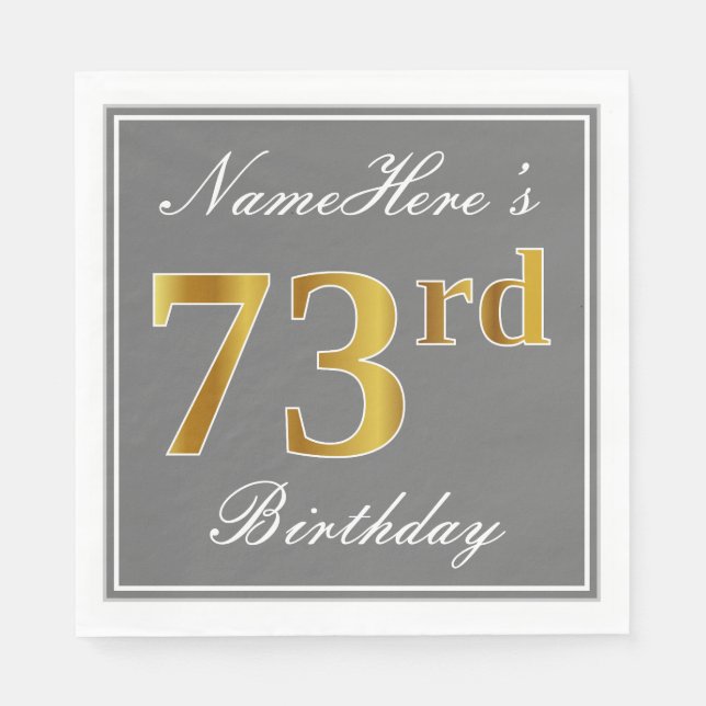 Serviette Jetable Elégant Grey, Faux Gold 73e anniversaire; Nom pers (Devant)