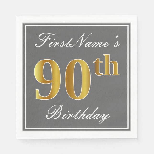 Serviette Jetable Elégant Grey, Faux Gold 90e anniversaire; Nom pers (Devant)