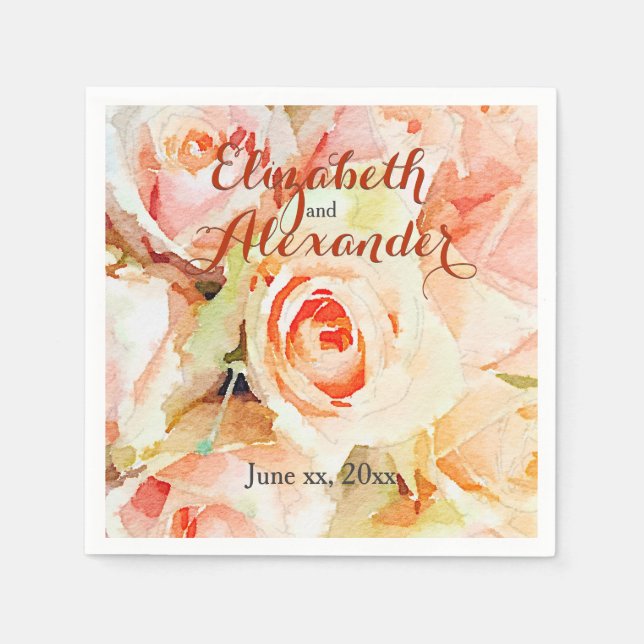 Serviette Jetable Élégant Mariage Rose de pêche aquarelle (Devant)