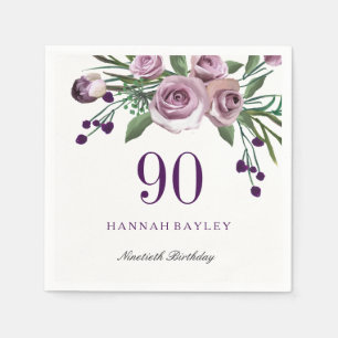 Serviette Jetable Elégant Plum violet Rose Floral 90e anniversaire