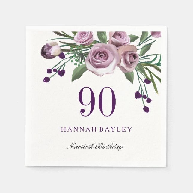 Serviette Jetable Elégant Plum violet Rose Floral 90e anniversaire (Devant)