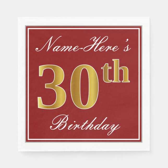 Serviette Jetable Elégant Rouge, Faux Gold 30e Anniversaire + Nom pe (Devant)