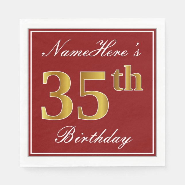 Serviette Jetable Elégant Rouge, Faux Gold 35ème Anniversaire + Nom  (Devant)