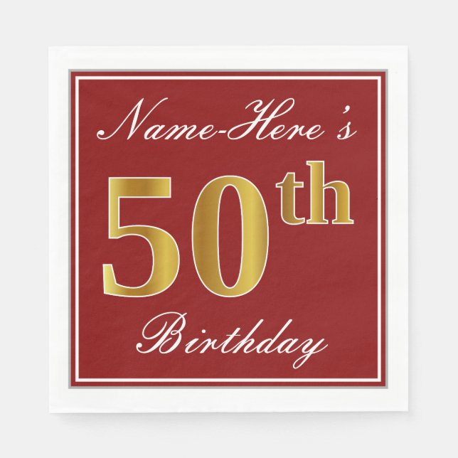 Serviette Jetable Elégant Rouge, Faux Gold 50e Anniversaire + Nom pe (Devant)
