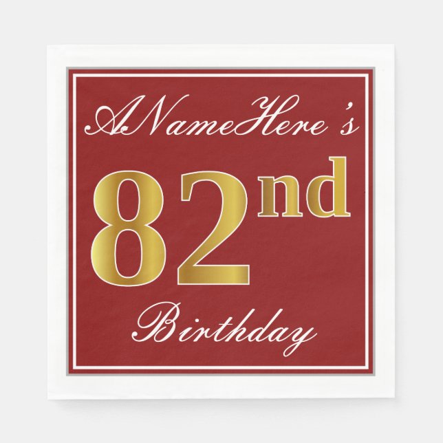 Serviette Jetable Elégant Rouge, Faux Gold 82ème Anniversaire + Nom  (Devant)