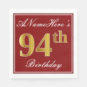 Serviette Jetable Elégant Rouge, Faux Gold 94ème Anniversaire + Nom 