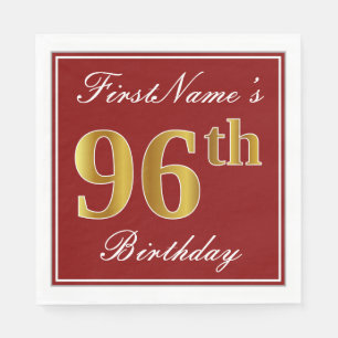 Serviette Jetable Elégant Rouge, Faux Gold 96e Anniversaire + Nom pe