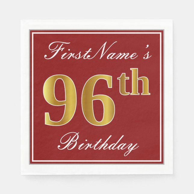 Serviette Jetable Elégant Rouge, Faux Gold 96e Anniversaire + Nom pe (Devant)
