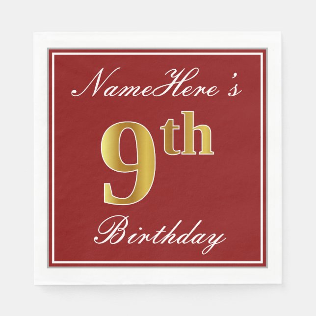 Serviette Jetable Elégant Rouge, Faux Gold 9e Anniversaire + Nom per (Devant)