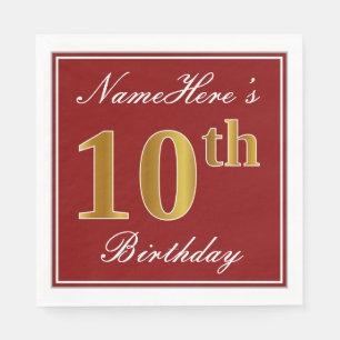 Serviette Jetable Elégant Rouge, Faux Or 10ème Anniversaire + Nom pe