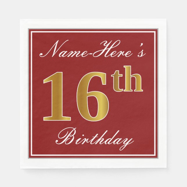 Serviette Jetable Elégant Rouge, Faux Or 16ème Anniversaire + Nom pe (Devant)