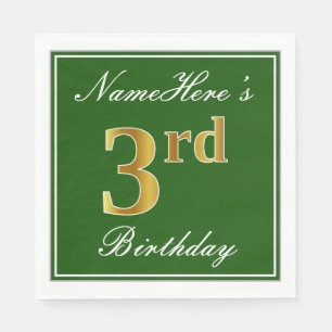 Serviette Jetable Elégant Vert, Faux Or 3ème Anniversaire ; Nom pers