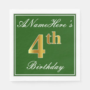 Serviette Jetable Elégant Vert, Faux Or 4ème Anniversaire ; Nom pers