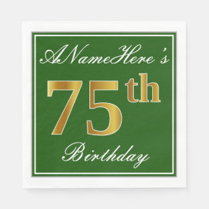 Serviette Jetable Elégant Vert, Faux Or 75ème Anniversaire + Nom