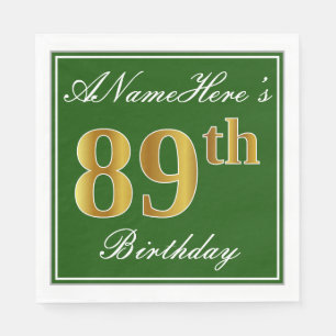 Serviette Jetable Elégant Vert, Faux Or 89ème Anniversaire + Nom